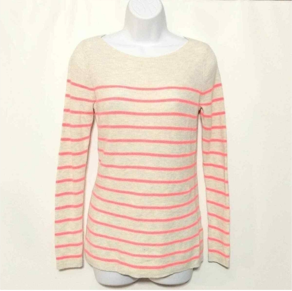 GAP Cream and Pink Crew Neck Sweater with Stripes
